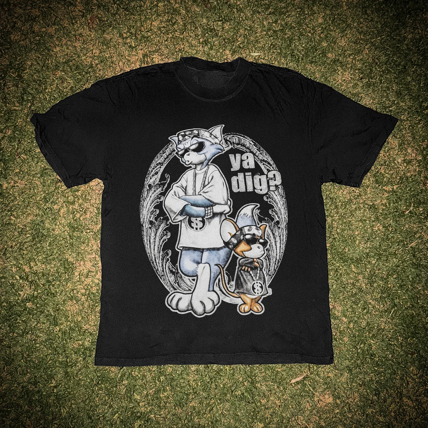 00s Bootleg Tom and Jerry 'Ya Dig?' Heavyweight Faded Black Tee