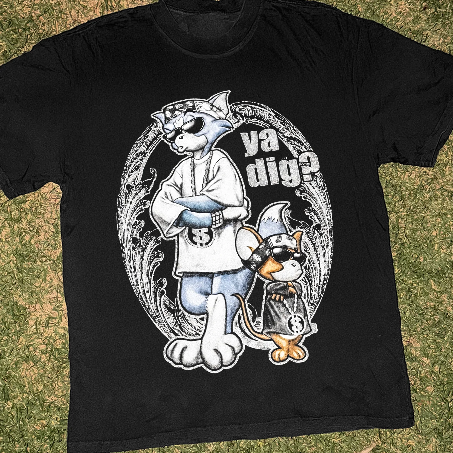 00s Bootleg Tom and Jerry 'Ya Dig?' Heavyweight Faded Black Tee - Image 2