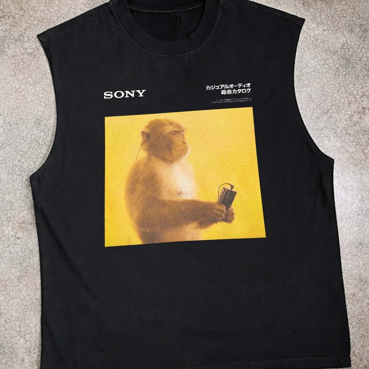 1988 S0NY 'Meditating Monkey' MD Walkman Black Heavy Faded Cut-Off - Image 2