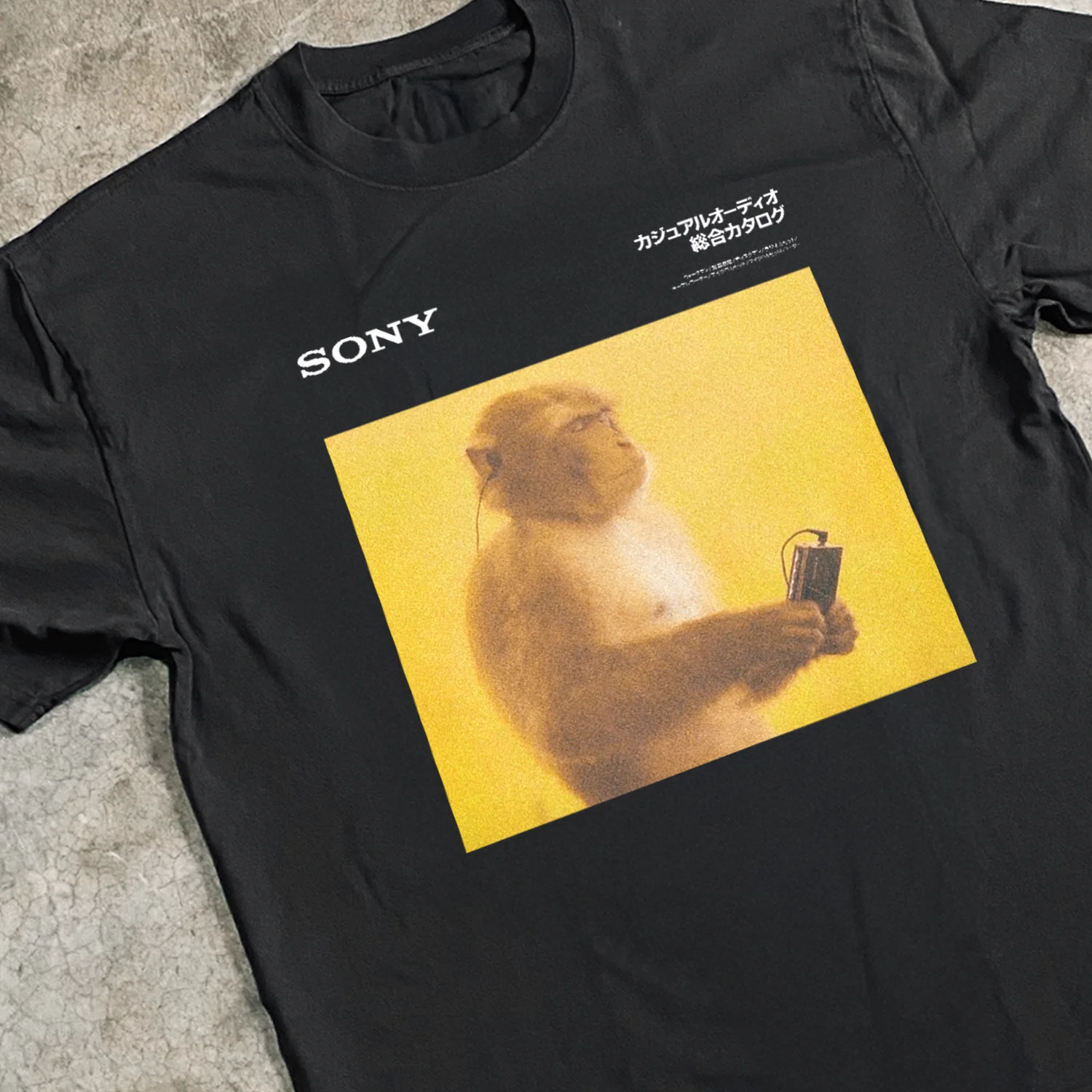 1988 Sony 'Meditating Monkey' Black Heavyweight Faded Tee - Image 2
