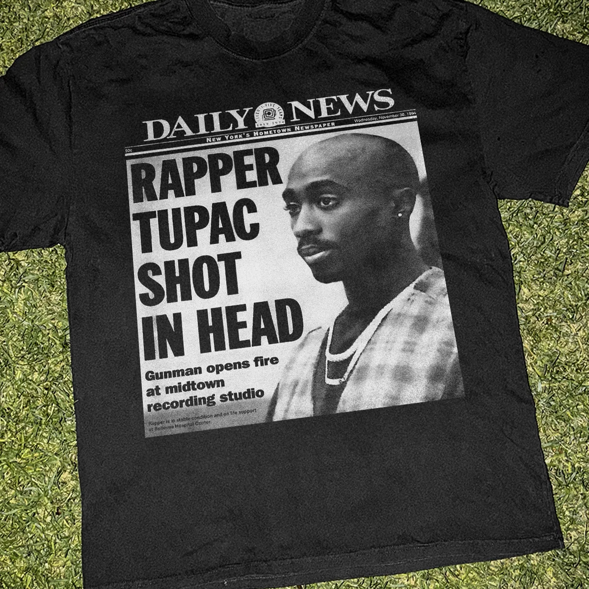 1994 NYC 'Tupac Shot' News Headline Heavy Faded Black Tee - Image 2
