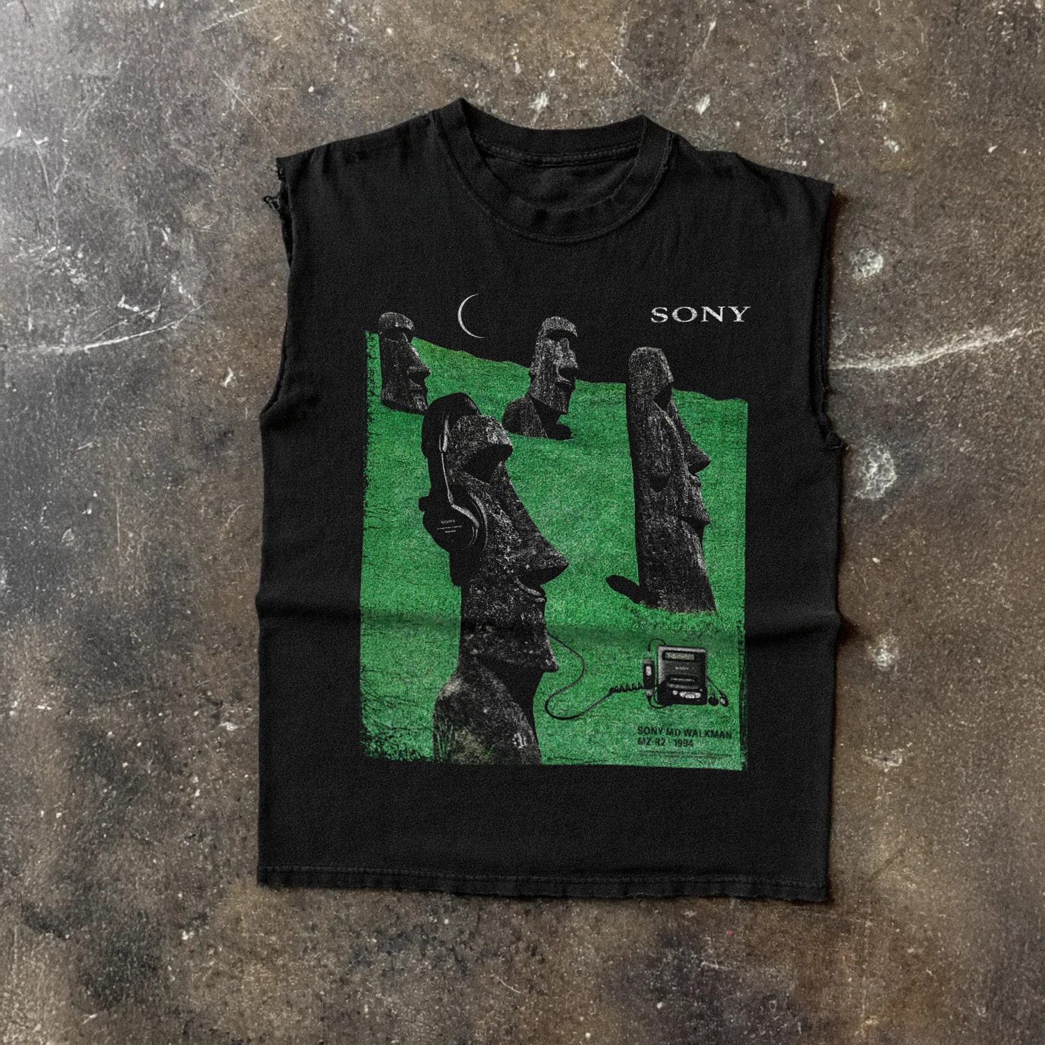 1994 Sony 'Easter Island' Walkman Md Heavy Faded Cut-Off Black Tee