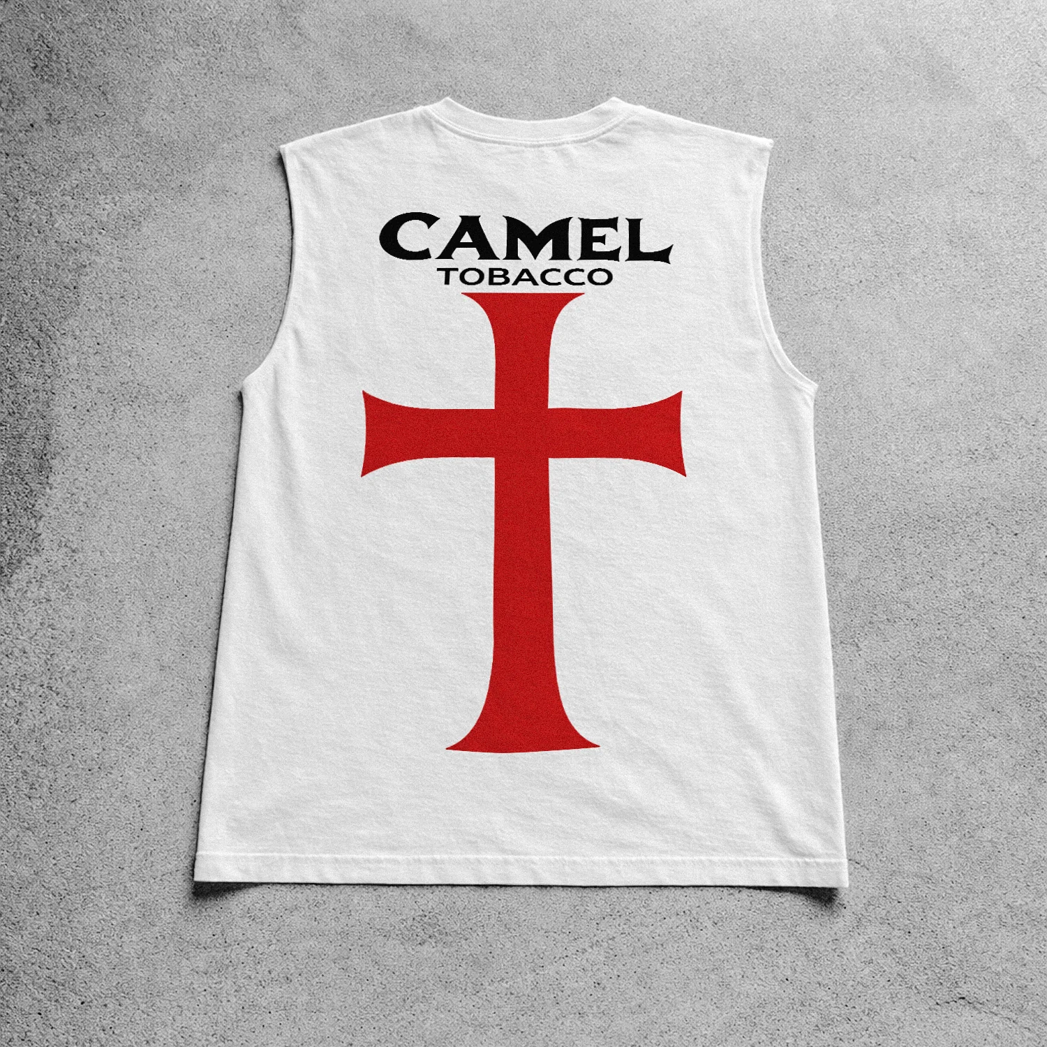 'Camel Tobacco' Templar's Cross Heavy White Cut-Off Tee