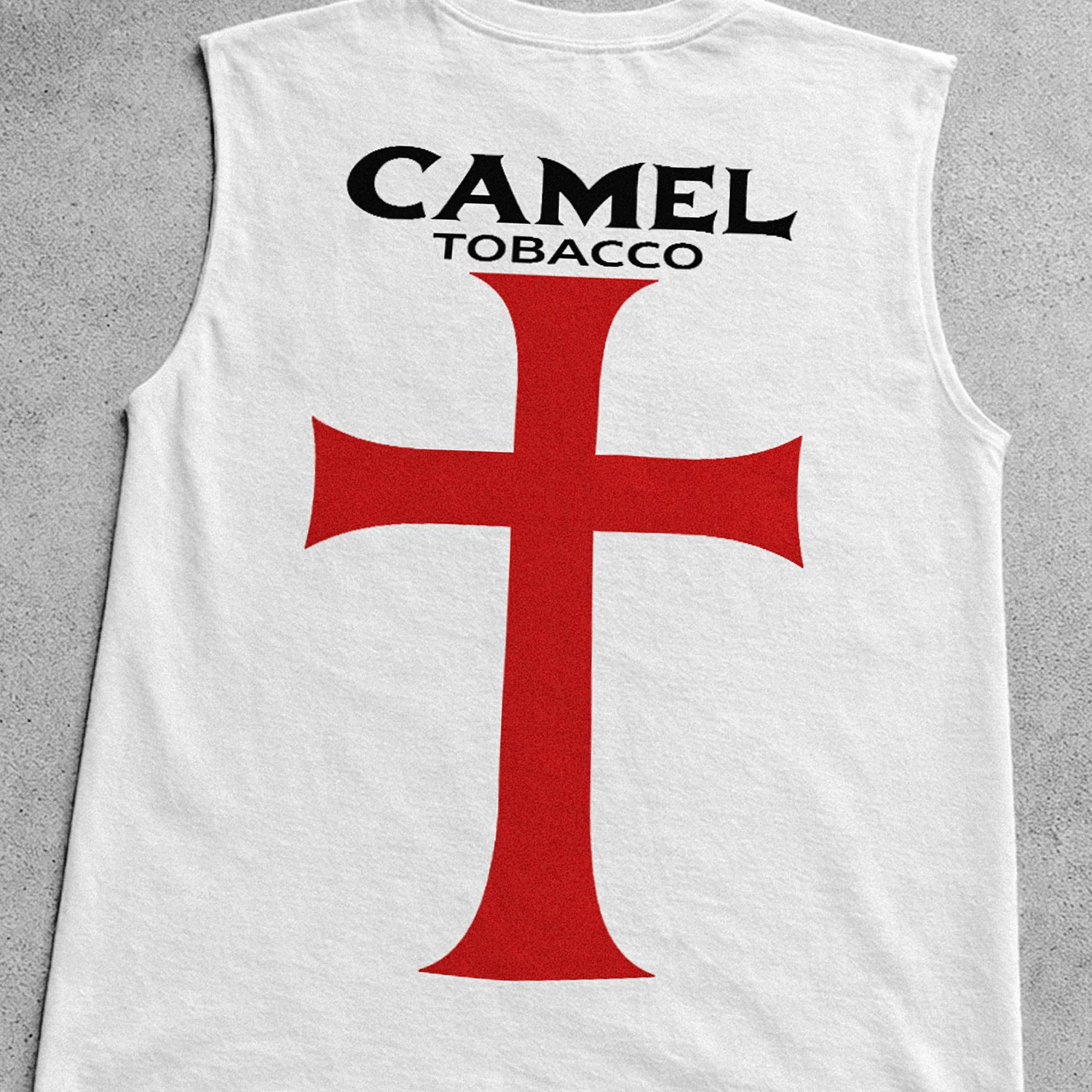 'Camel Tobacco' Templar's Cross Heavy White Cut-Off Tee - Image 2