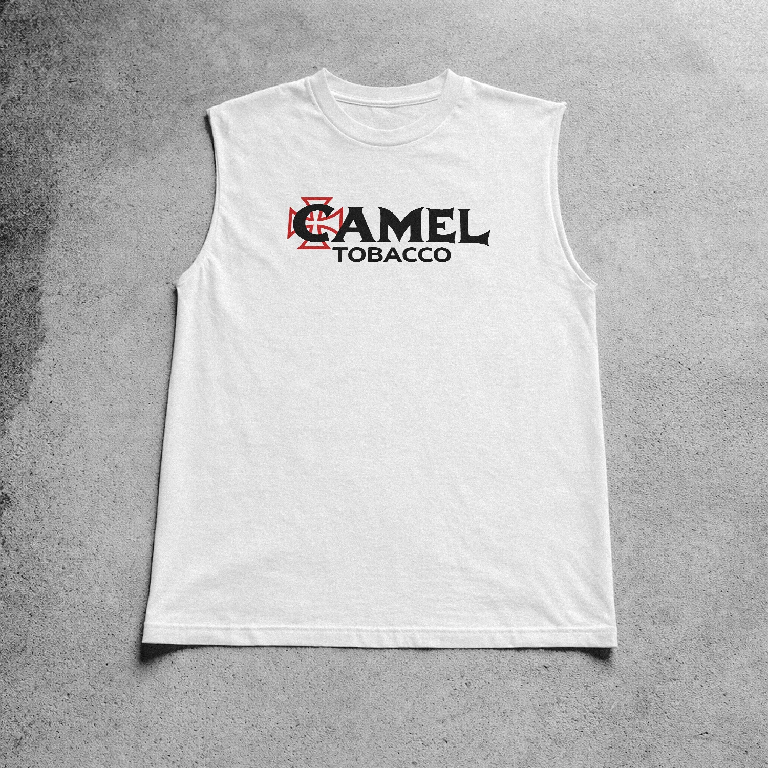 'Camel Tobacco' Templar's Cross Heavy White Cut-Off Tee - Image 3